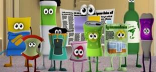Cartoon waste items such as an apple core, newspaper, tins and bottles